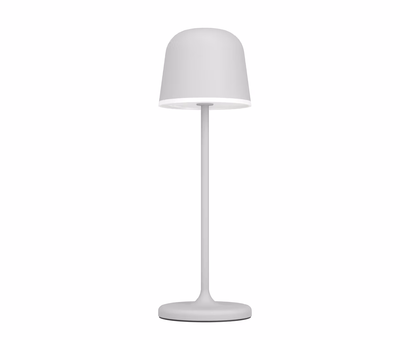 Svetlosivá akumulátorová LED stolová lampa Eglo s kónickým tienidlom a tenkou nohou.