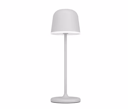 Svetlosivá akumulátorová LED stolová lampa Eglo s kónickým tienidlom a tenkou nohou.