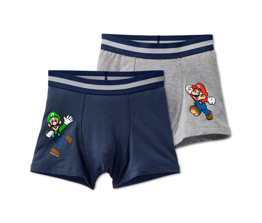Dvoje boxerky »Super Mario«, jedny tmavomodré s obrázkom Luigiho, druhé sivé s obrázkom Maria.