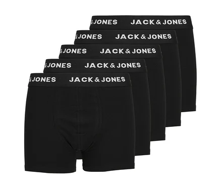 Päť čiernych trenírok Jack&Jones, naskladaných, s bielym logom na páse, 5-balenie.