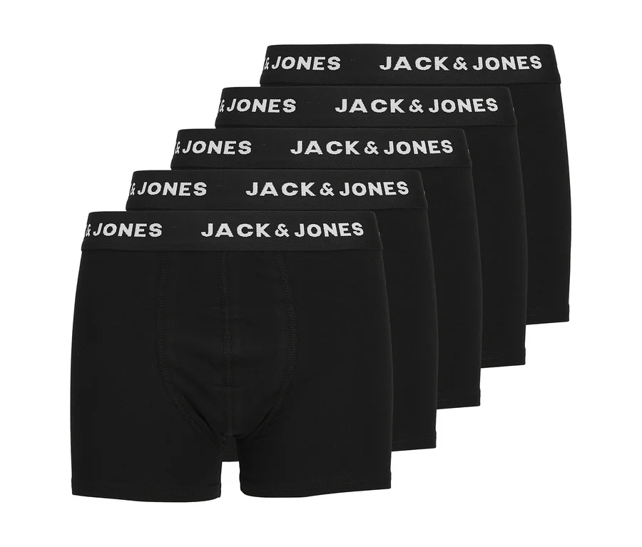 Päť čiernych trenírok Jack&Jones, naskladaných, s bielym logom na páse, 5-balenie.